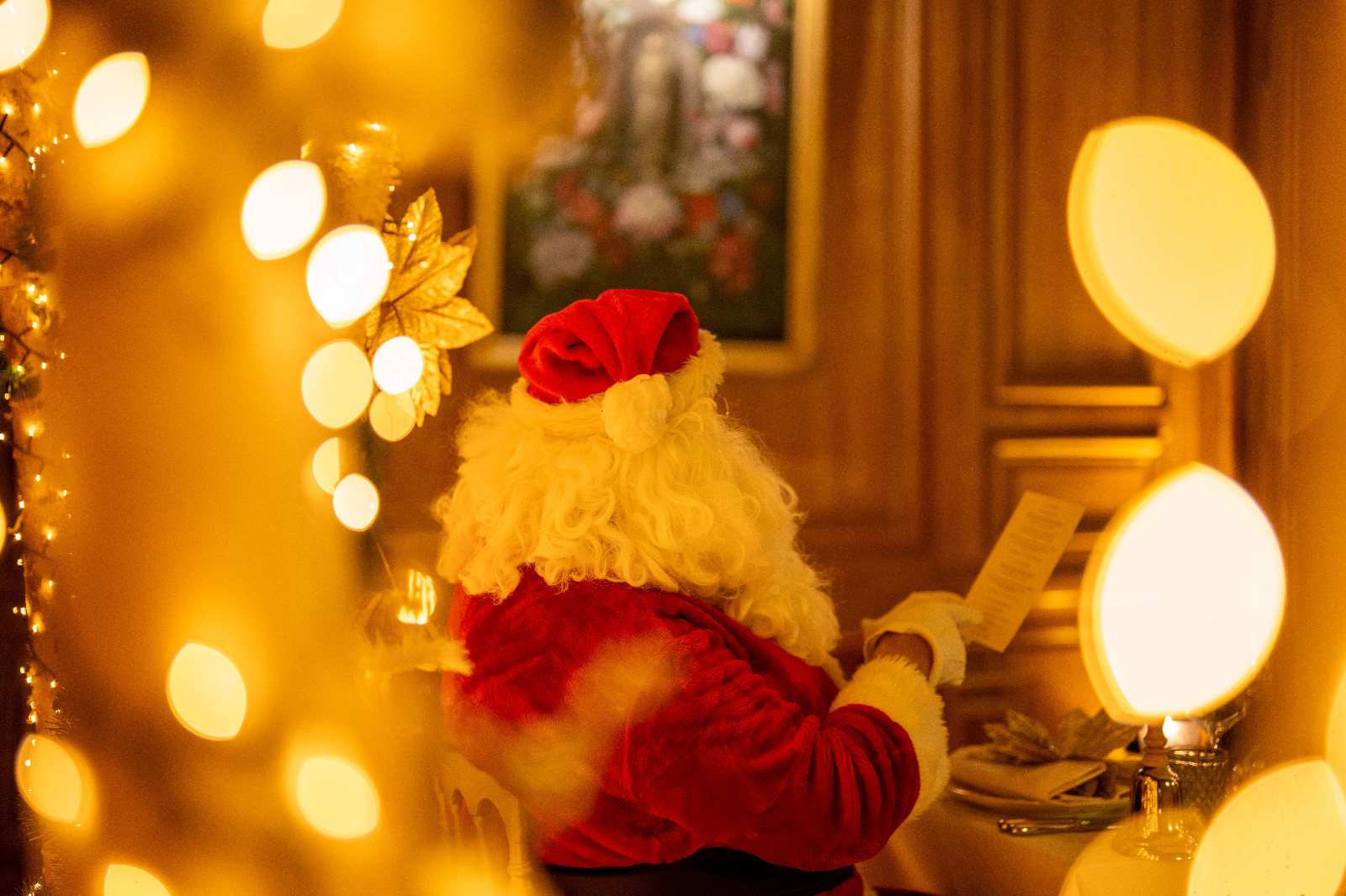 Portrait de LE PÈRE NOËL parmi les lumières de Noël